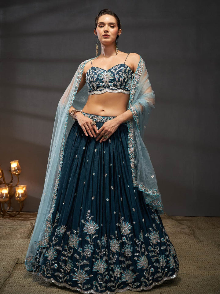 Teal Pure Chiffon Sequins embroidery Semi-Stitched Lehenga choli & Dupatta