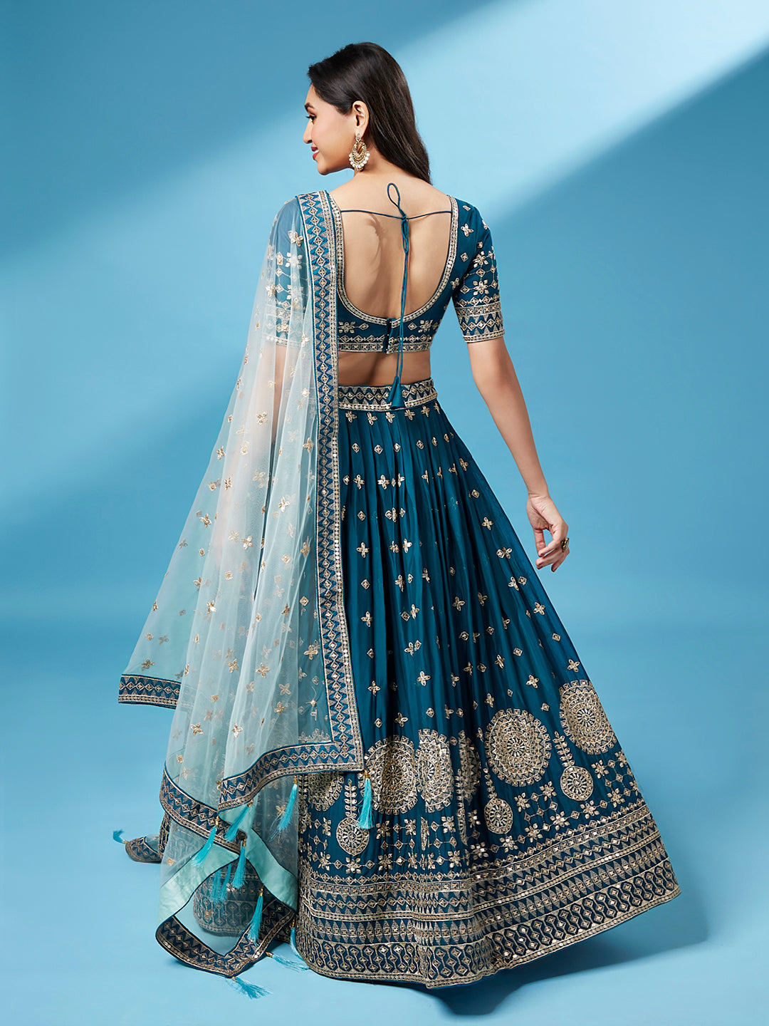 Teal - Pure Georgette Embroidered Semi-Stitched Lehenga