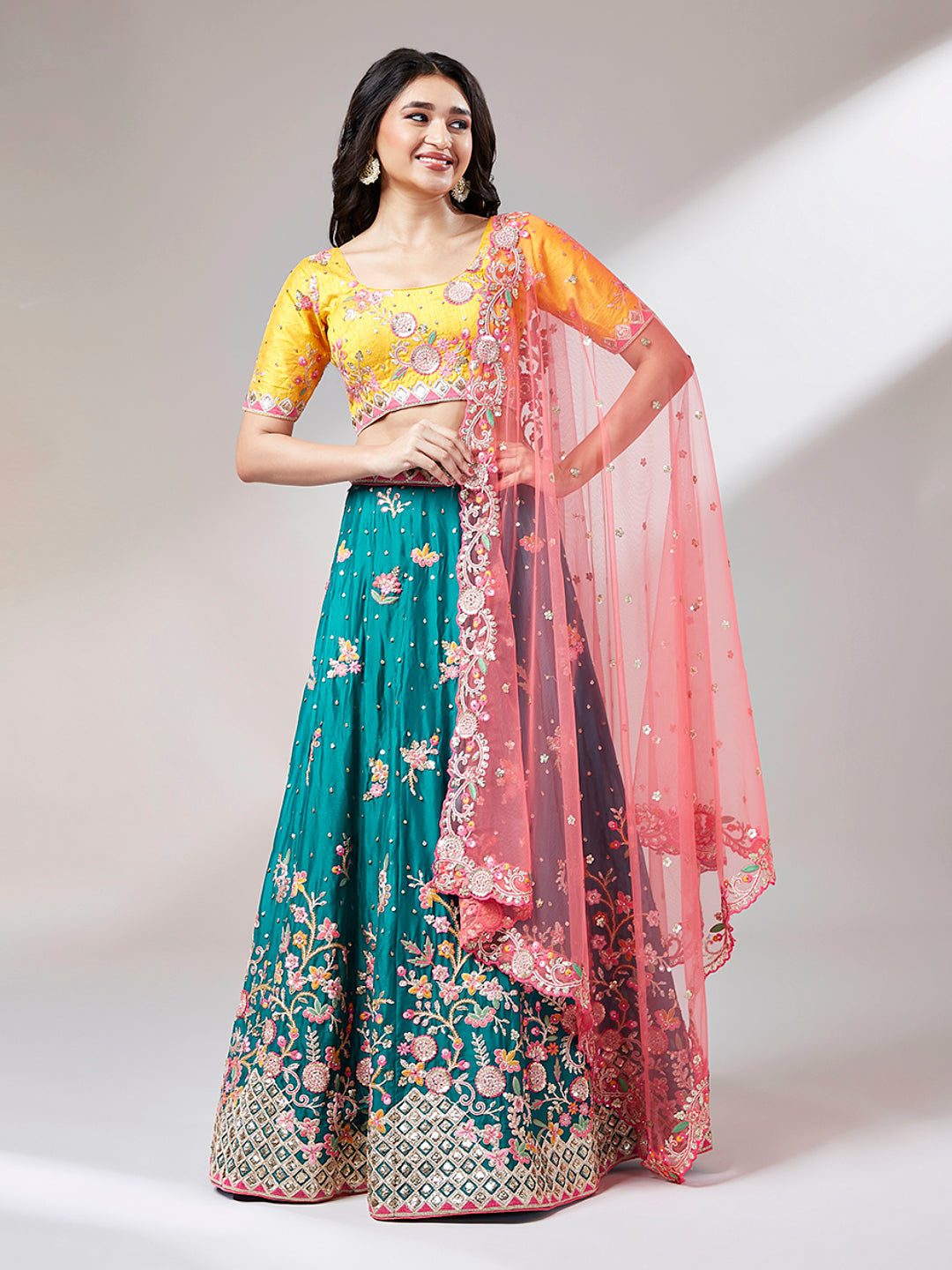 Teal Pure Georgette Sequinse Work Semi-Stitched Lehenga & Unstitched Blouse with Dupatta