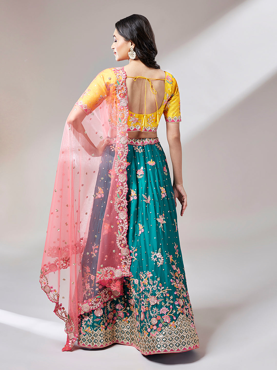 Teal Pure Georgette Sequinse Work Semi-Stitched Lehenga & Unstitched Blouse with Dupatta