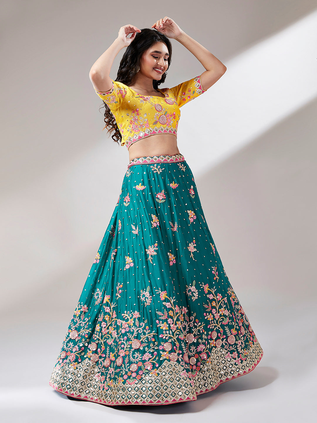 Teal Pure Georgette Sequinse Work Semi-Stitched Lehenga & Unstitched Blouse with Dupatta