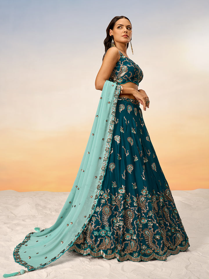 Teal Pure Georgette with heavy Sequins embroidery Semi-Stitched Lehenga choli & Dupatta