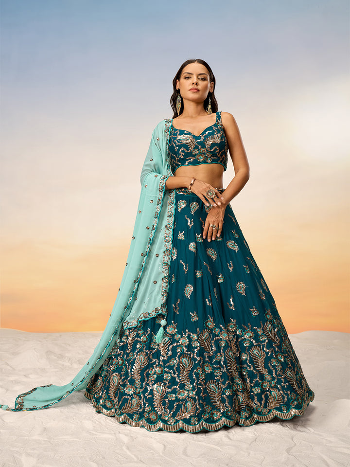 Teal Pure Georgette with heavy Sequins embroidery Semi-Stitched Lehenga choli & Dupatta