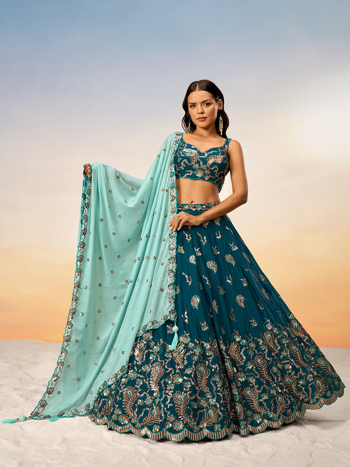 Teal Pure Georgette with heavy Sequins embroidery Semi-Stitched Lehenga choli & Dupatta