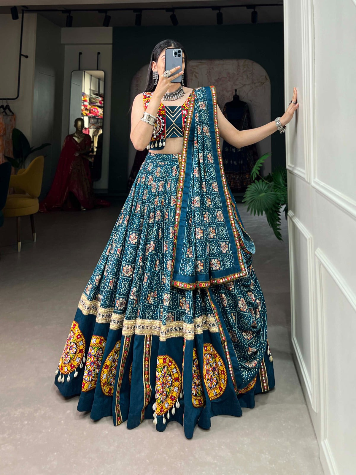 Teal Pure Rayon Chaniya Choli with Printed Foil & Gamthi Patchwork