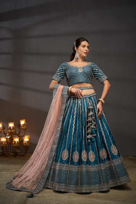 Teal Pure Silk Bridal Lehenga Choli Dupatta Set with Moti, Zarkan & Heavy Sequin Embroidery