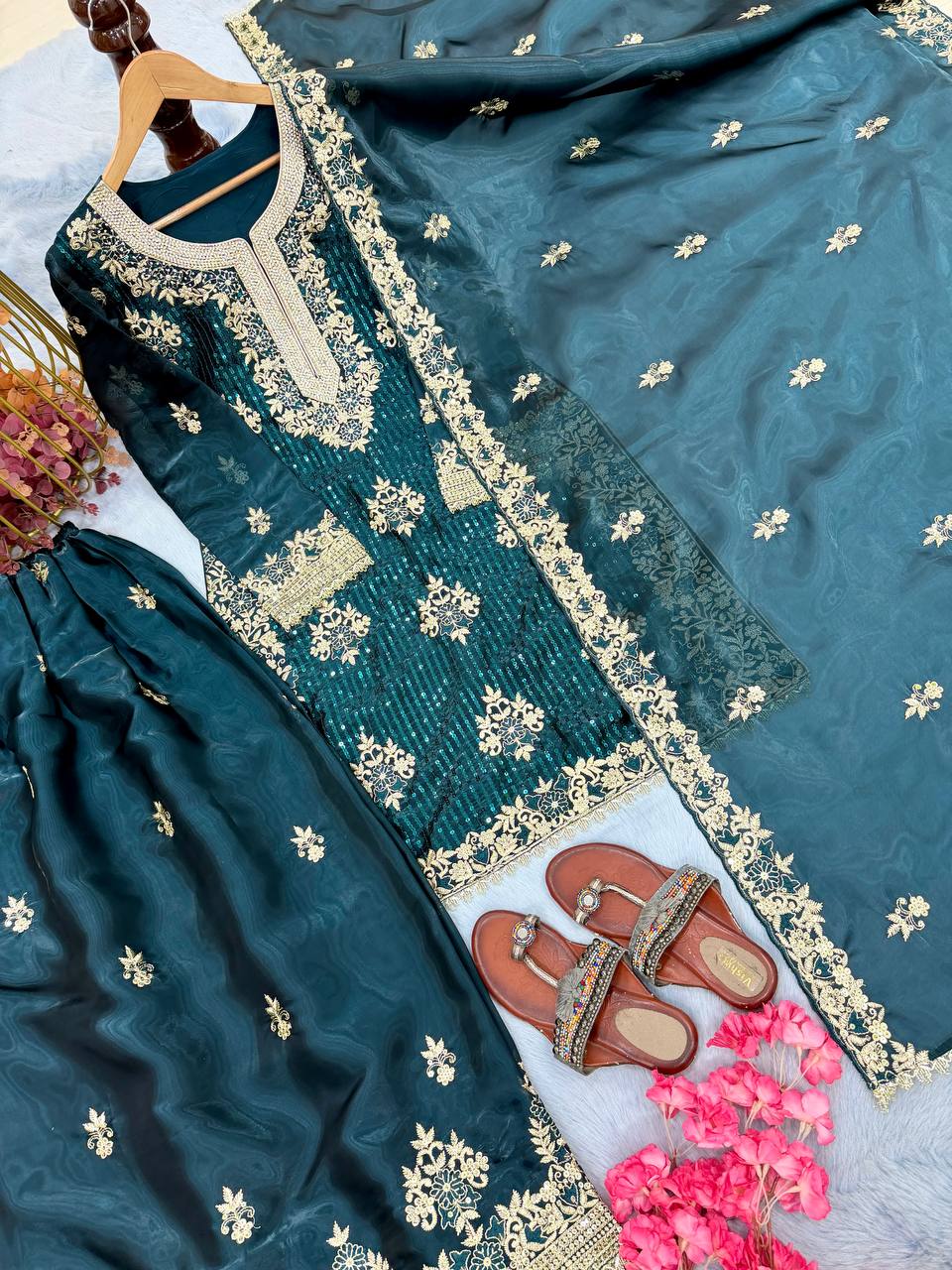 Teal Pure Silk Heavy Embroidered Kurta Palazzo Set with Dupatta