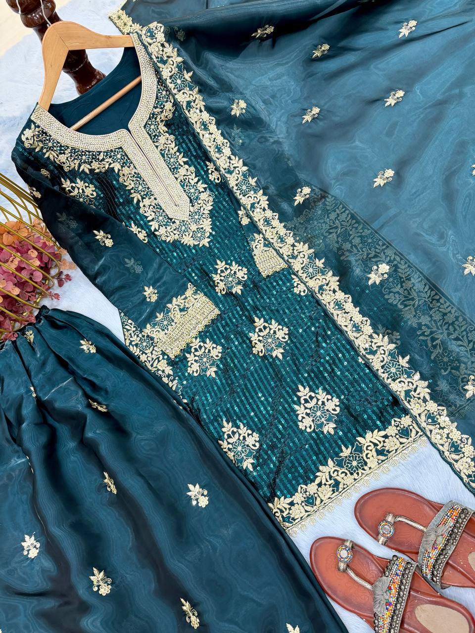 Teal Pure Silk Heavy Embroidered Kurta Palazzo Set with Dupatta