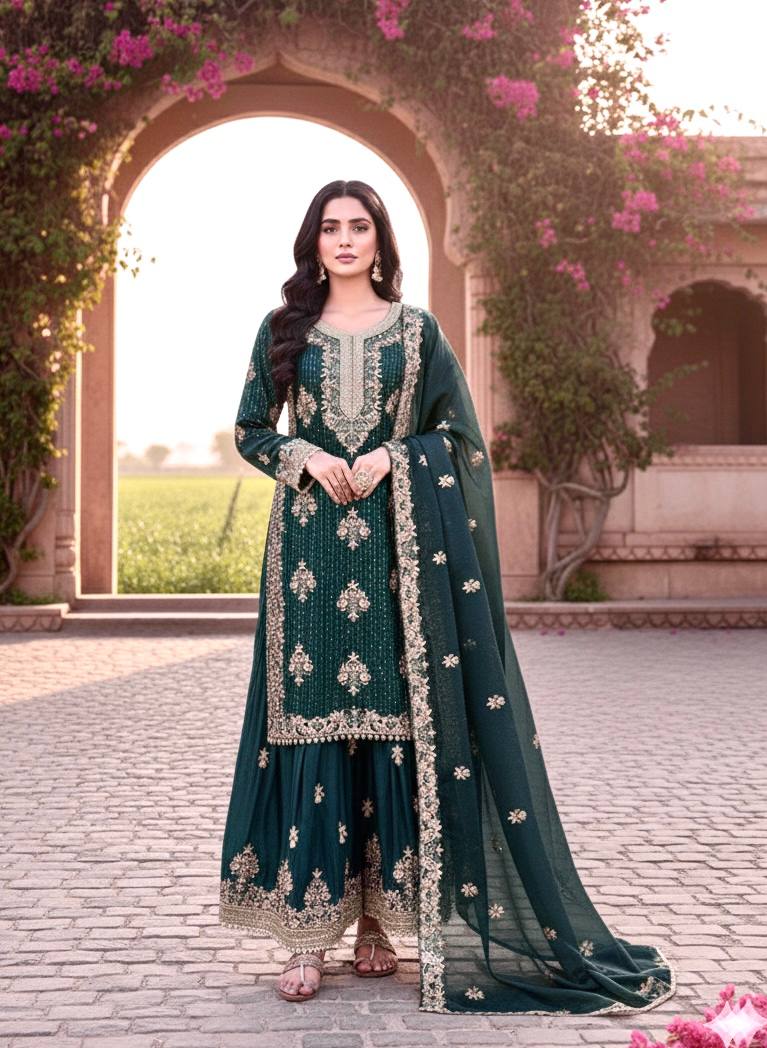 Teal Pure Silk Heavy Embroidered Kurta Palazzo Set with Dupatta