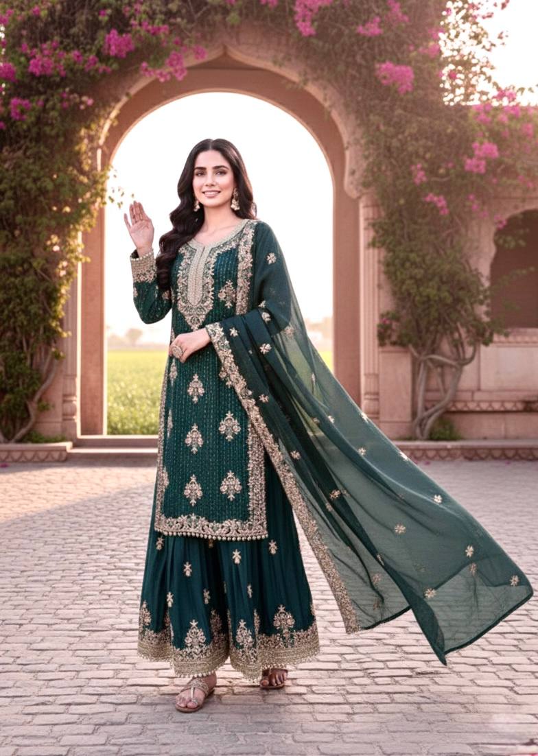 Teal Pure Silk Heavy Embroidered Kurta Palazzo Set with Dupatta