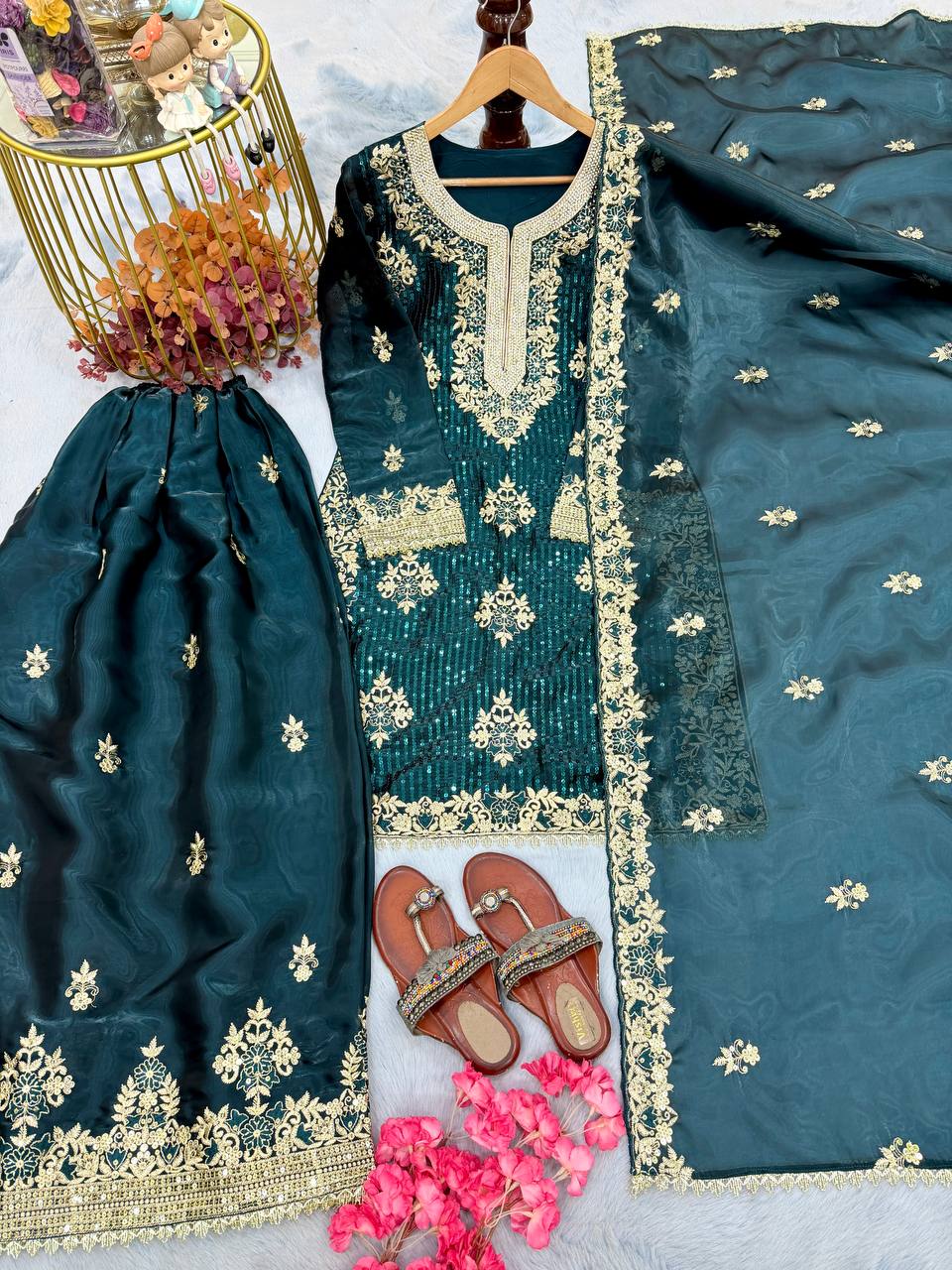Teal Pure Silk Heavy Embroidered Kurta Palazzo Set with Dupatta