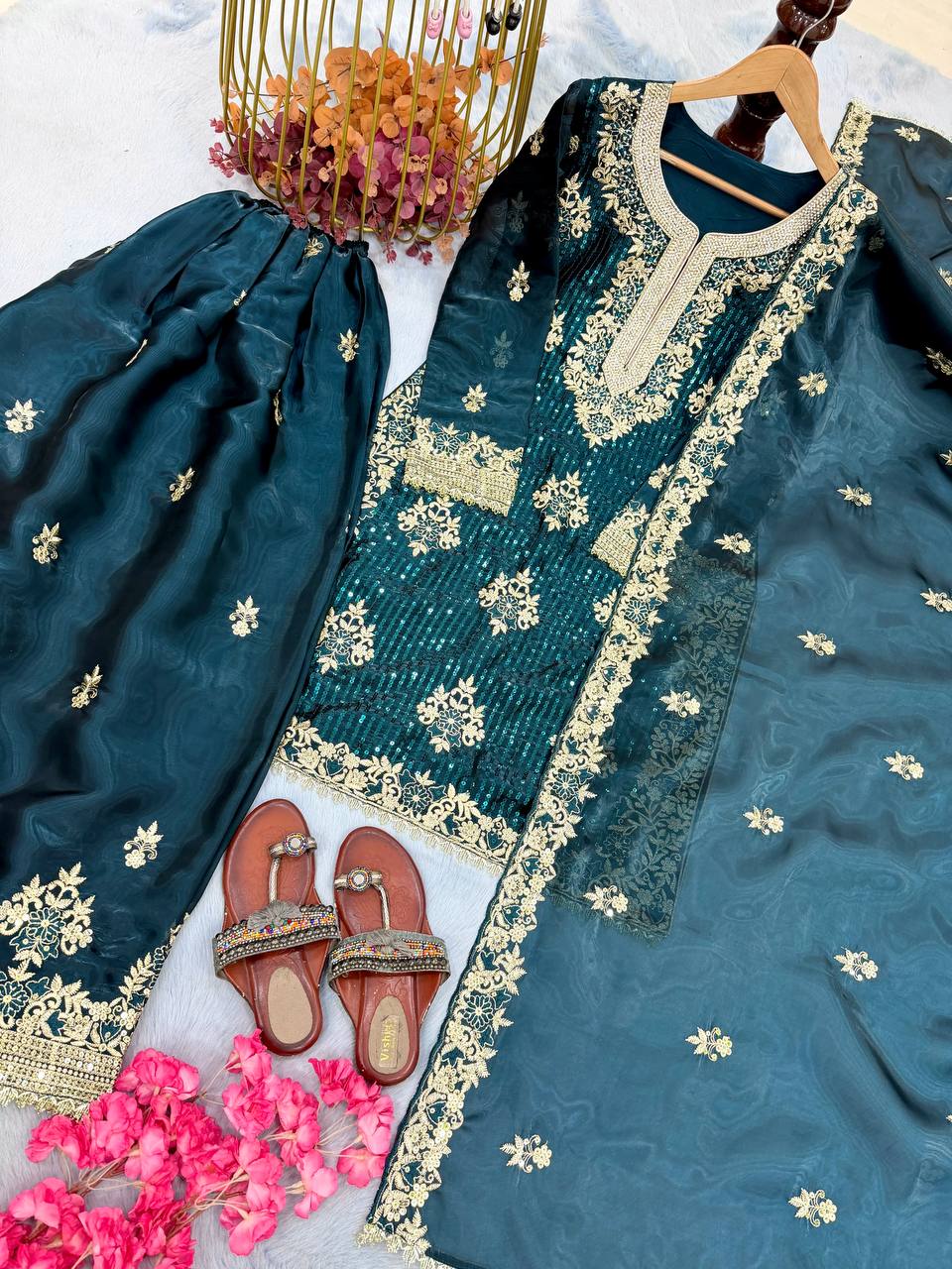 Teal Pure Silk Heavy Embroidered Kurta Palazzo Set with Dupatta