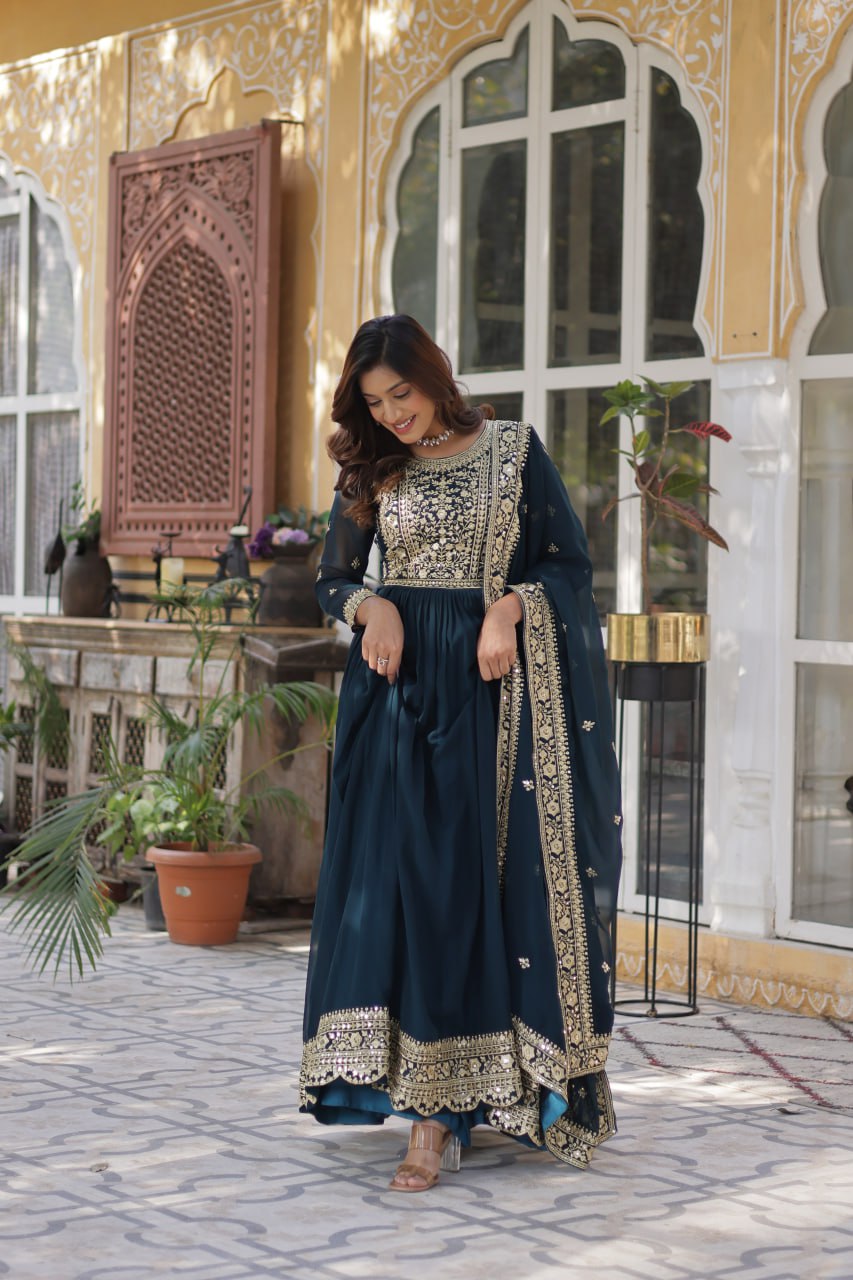 Teal Purple Premium Faux Blooming Embroidered Gown Set with Designer Dupatta