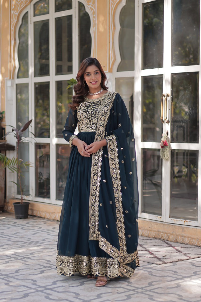 Teal Purple Premium Faux Blooming Embroidered Gown Set with Designer Dupatta