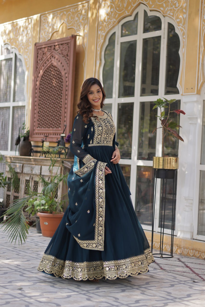Teal Purple Premium Faux Blooming Embroidered Gown Set with Designer Dupatta