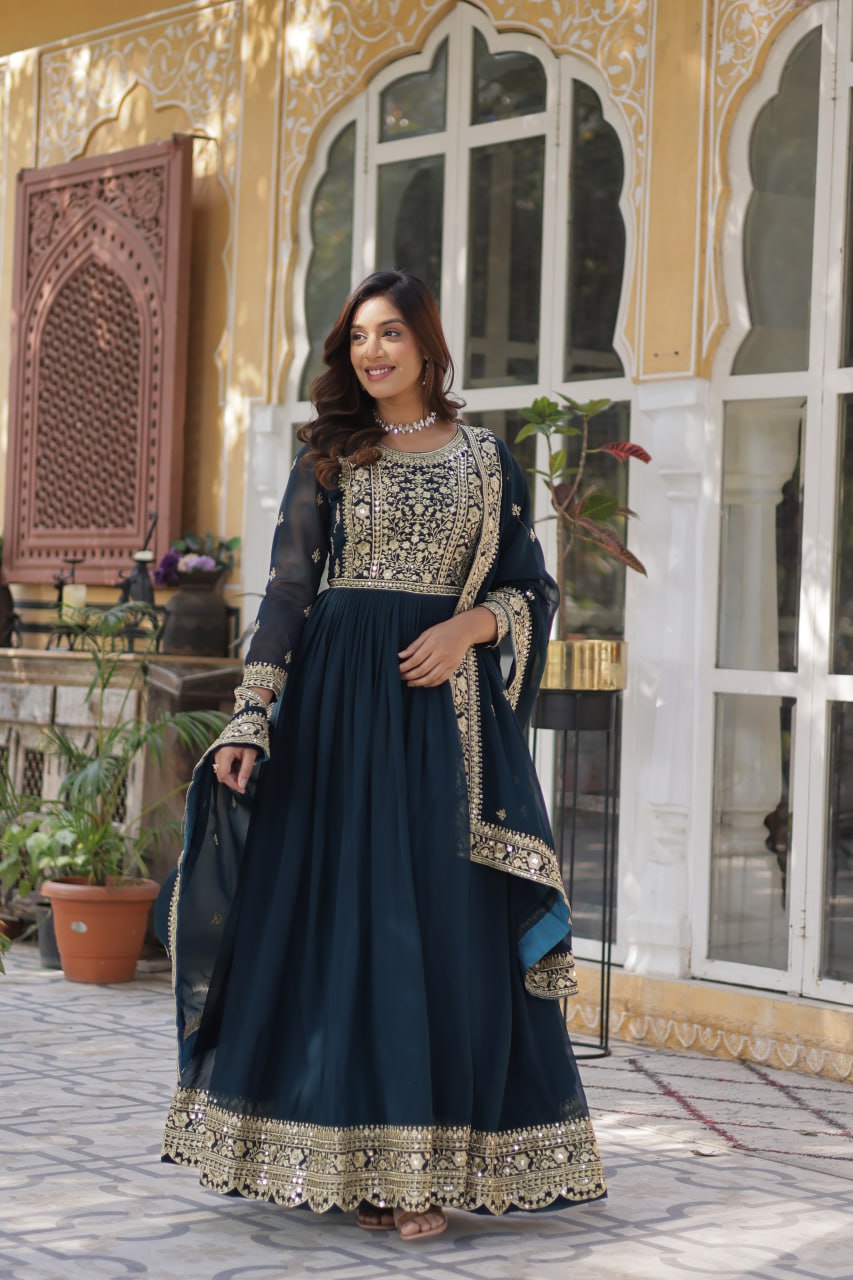 Teal Purple Premium Faux Blooming Embroidered Gown Set with Designer Dupatta