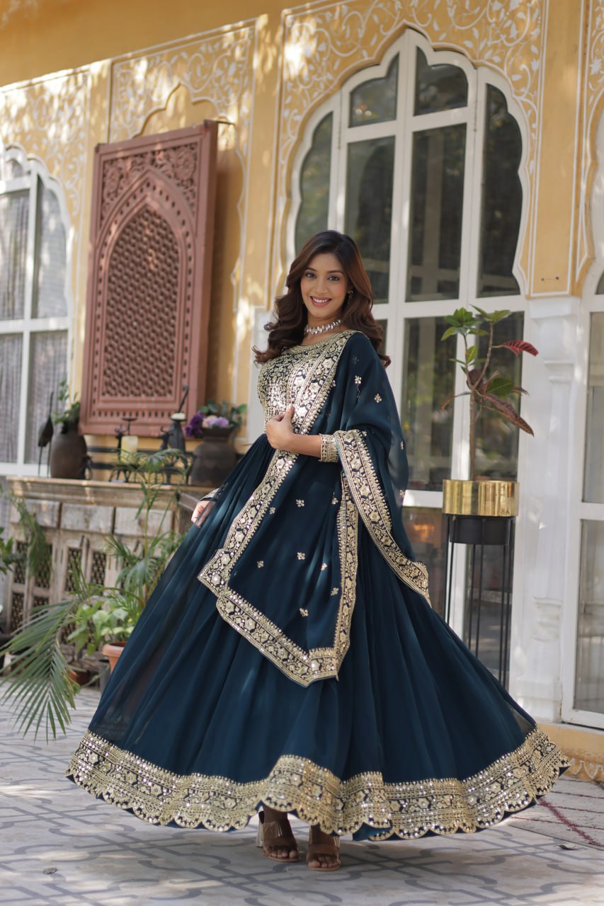 Teal Purple Premium Faux Blooming Embroidered Gown Set with Designer Dupatta