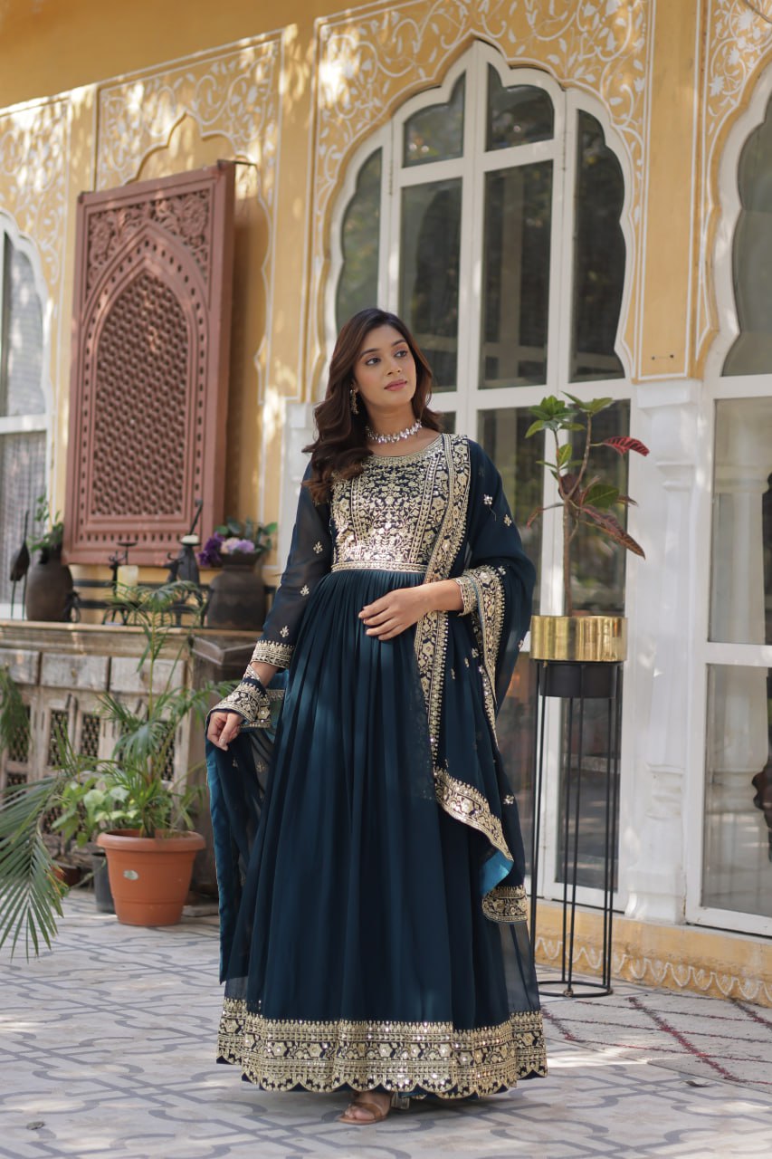 Teal Purple Premium Faux Blooming Embroidered Gown Set with Designer Dupatta