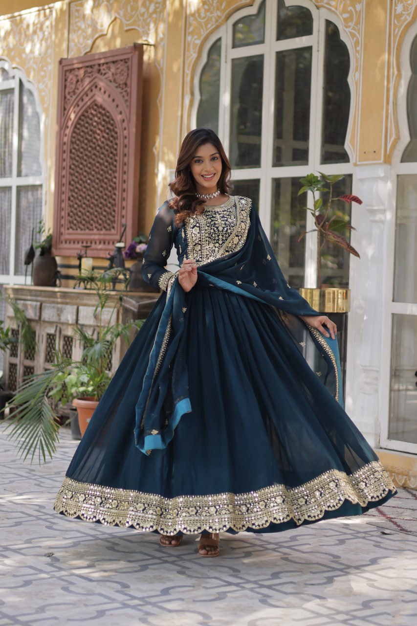 Teal Purple Premium Faux Blooming Embroidered Gown Set with Designer Dupatta