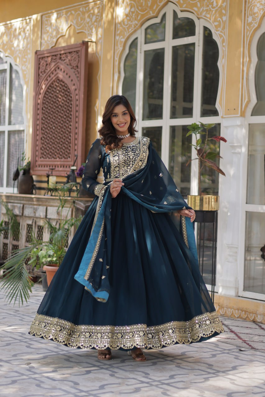 Teal Purple Premium Faux Blooming Embroidered Gown Set with Designer Dupatta
