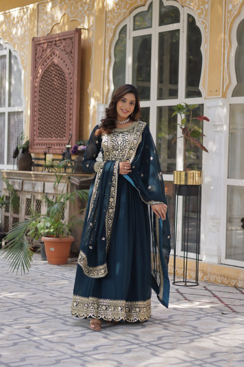 Teal Purple Premium Faux Blooming Embroidered Gown Set with Designer Dupatta