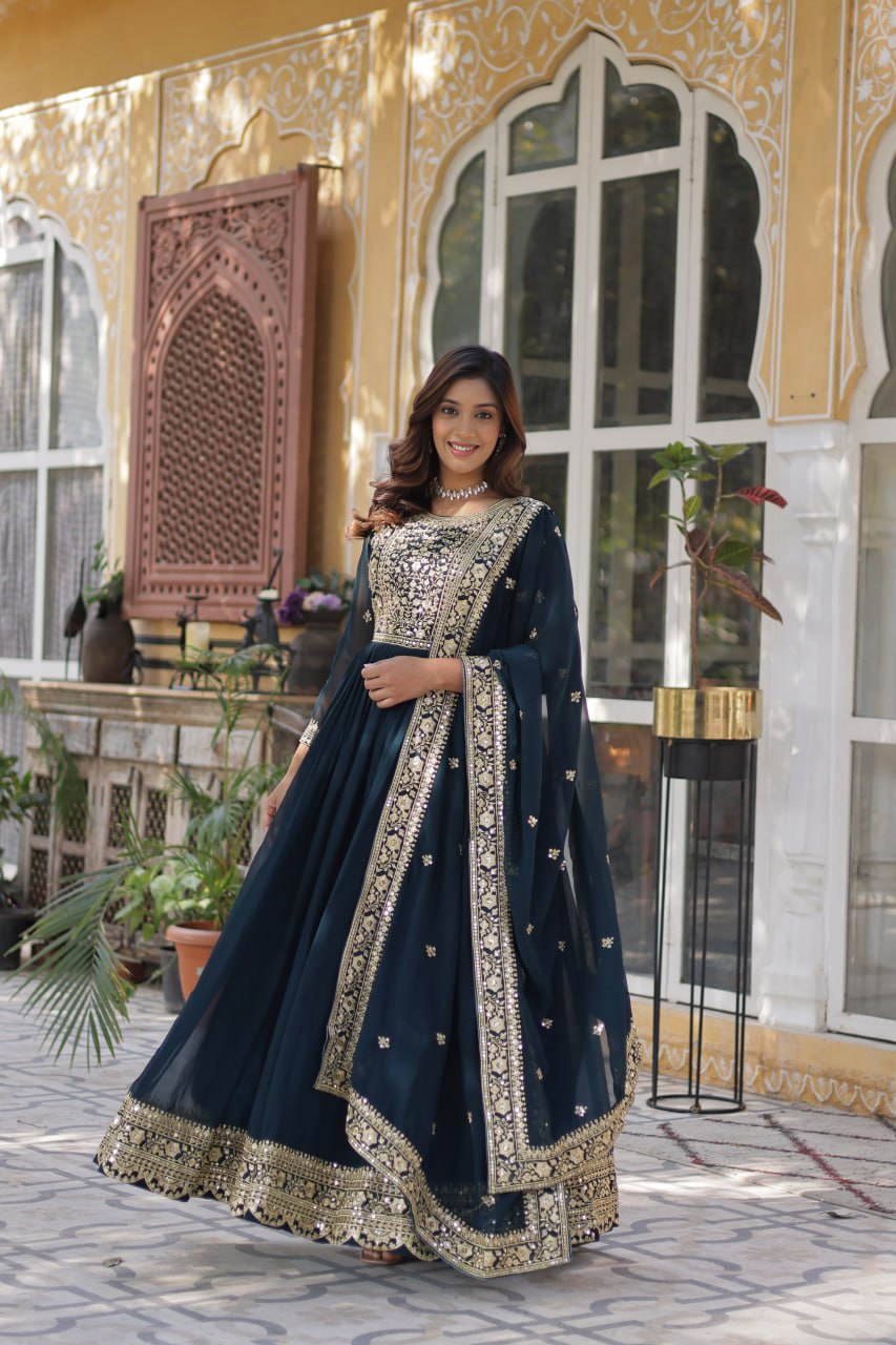 Teal Purple Premium Faux Blooming Embroidered Gown Set with Designer Dupatta