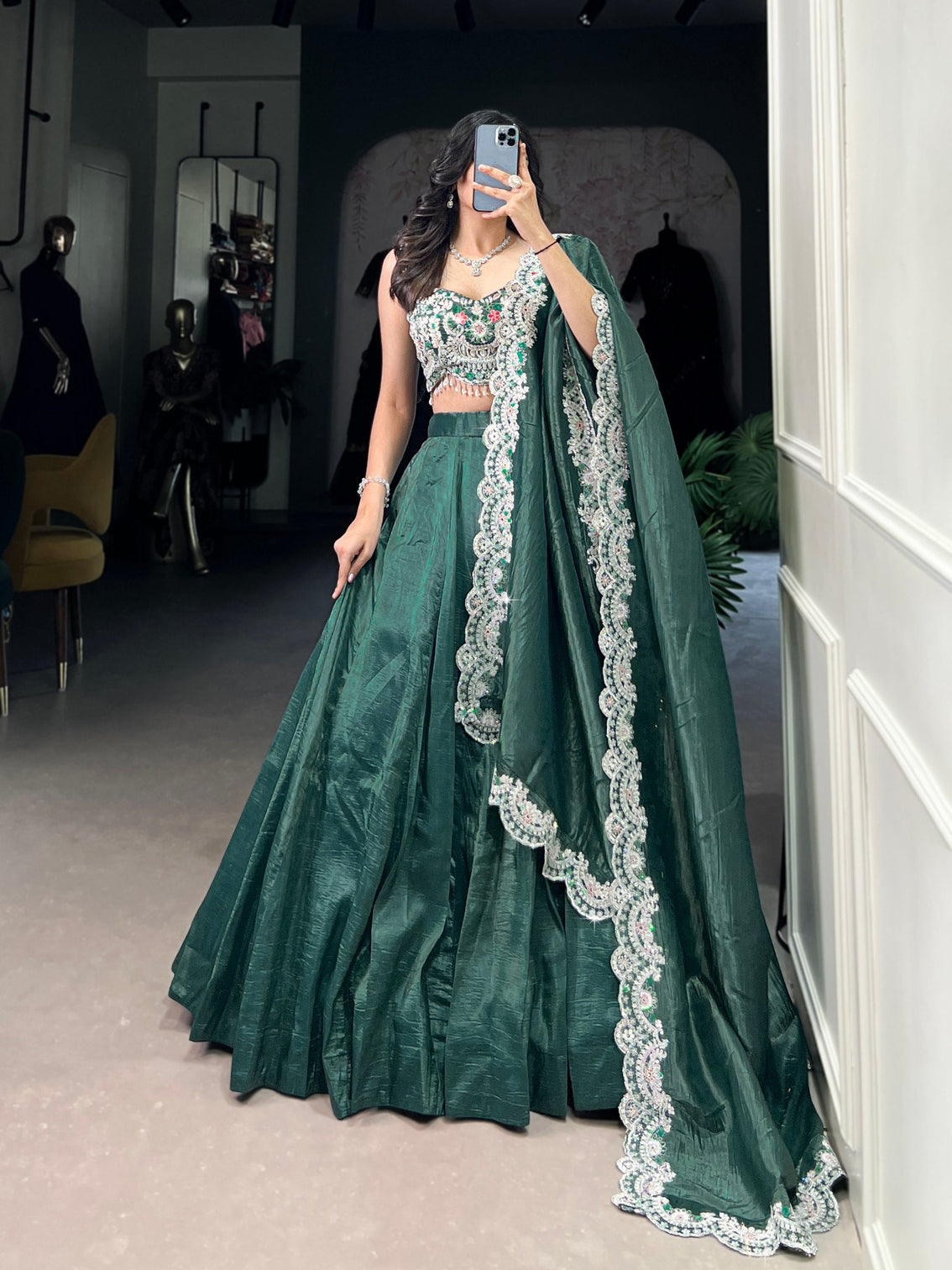 Teal Radiant Gold Crush Lehenga Set – Luxe Elegance with Jarkan Diamond & Sequin Embroidery