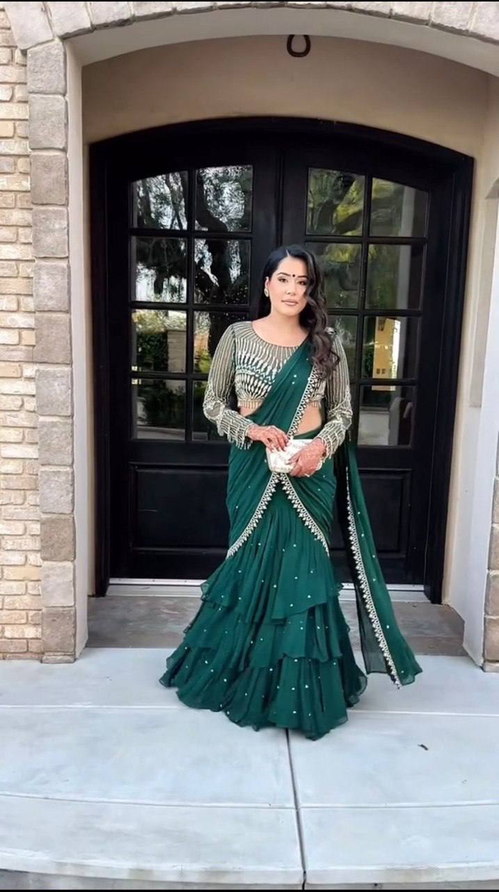 Teal Ready-to-Wear Faux Georgette Lehenga Saree with Embroidered Choli & Rivet Moti Work