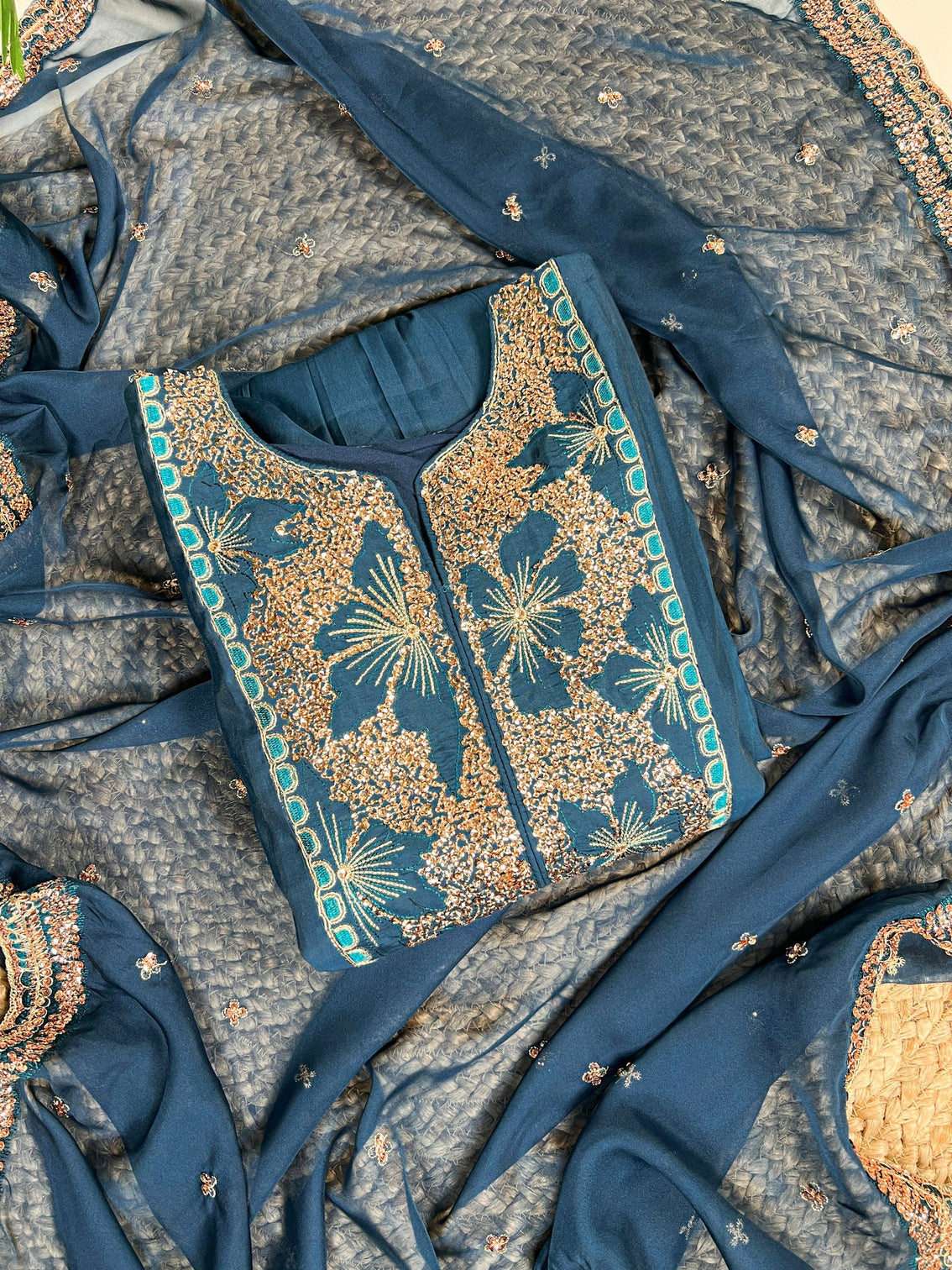 Teal Roman Silk Sequins & Thread Embroidered Kurti Pant Set with Organza Embroidered Dupatta – Stitched Premium Ensemble