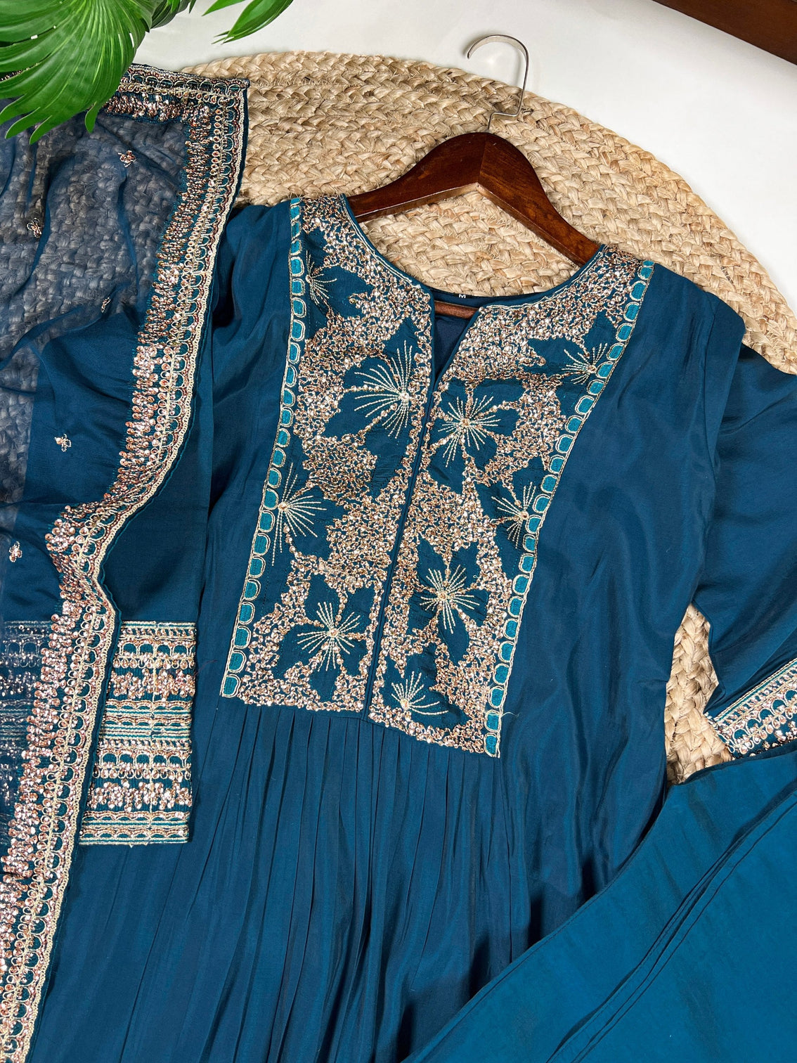 Teal Roman Silk Sequins & Thread Embroidered Kurti Pant Set with Organza Embroidered Dupatta – Stitched Premium Ensemble