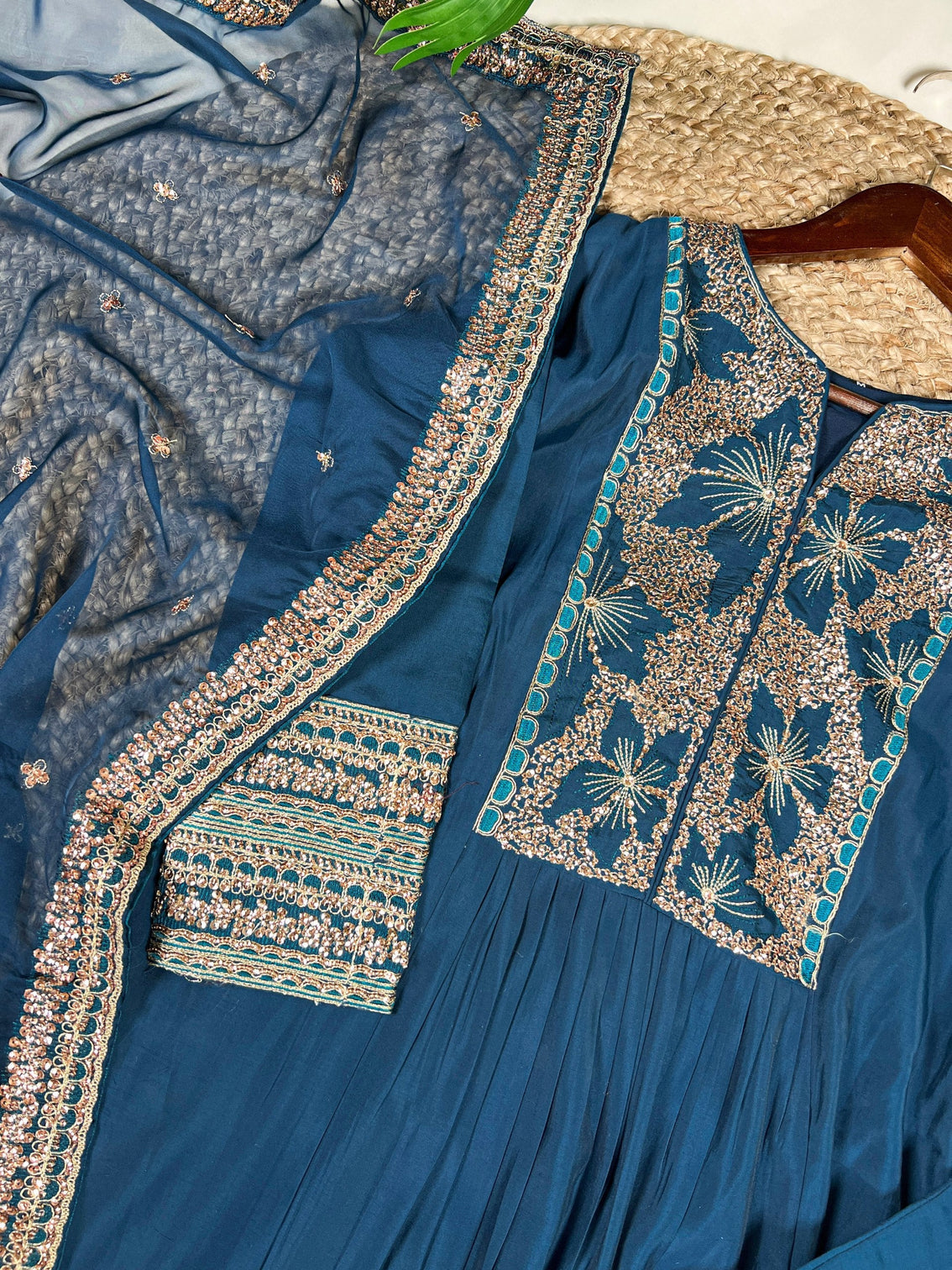 Teal Roman Silk Sequins & Thread Embroidered Kurti Pant Set with Organza Embroidered Dupatta – Stitched Premium Ensemble