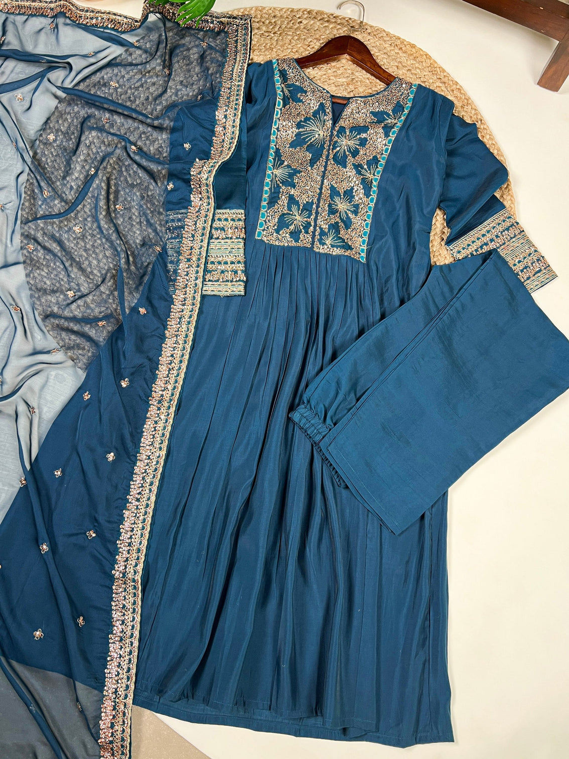 Teal Roman Silk Sequins & Thread Embroidered Kurti Pant Set with Organza Embroidered Dupatta – Stitched Premium Ensemble