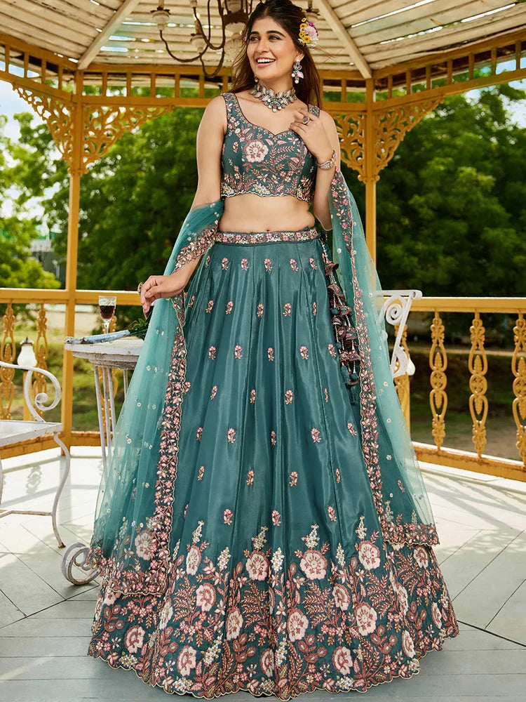 Teal Satin Lehenga Choli Set with Net Dupatta Heavy Embroidered indian Outfit