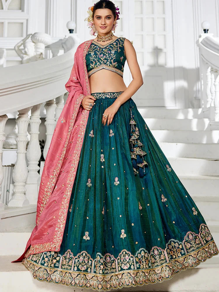 Teal Satin Semi-Stitched Lehenga Set with Moti, Sequins, Thread Embroidery and Pink Dupatta