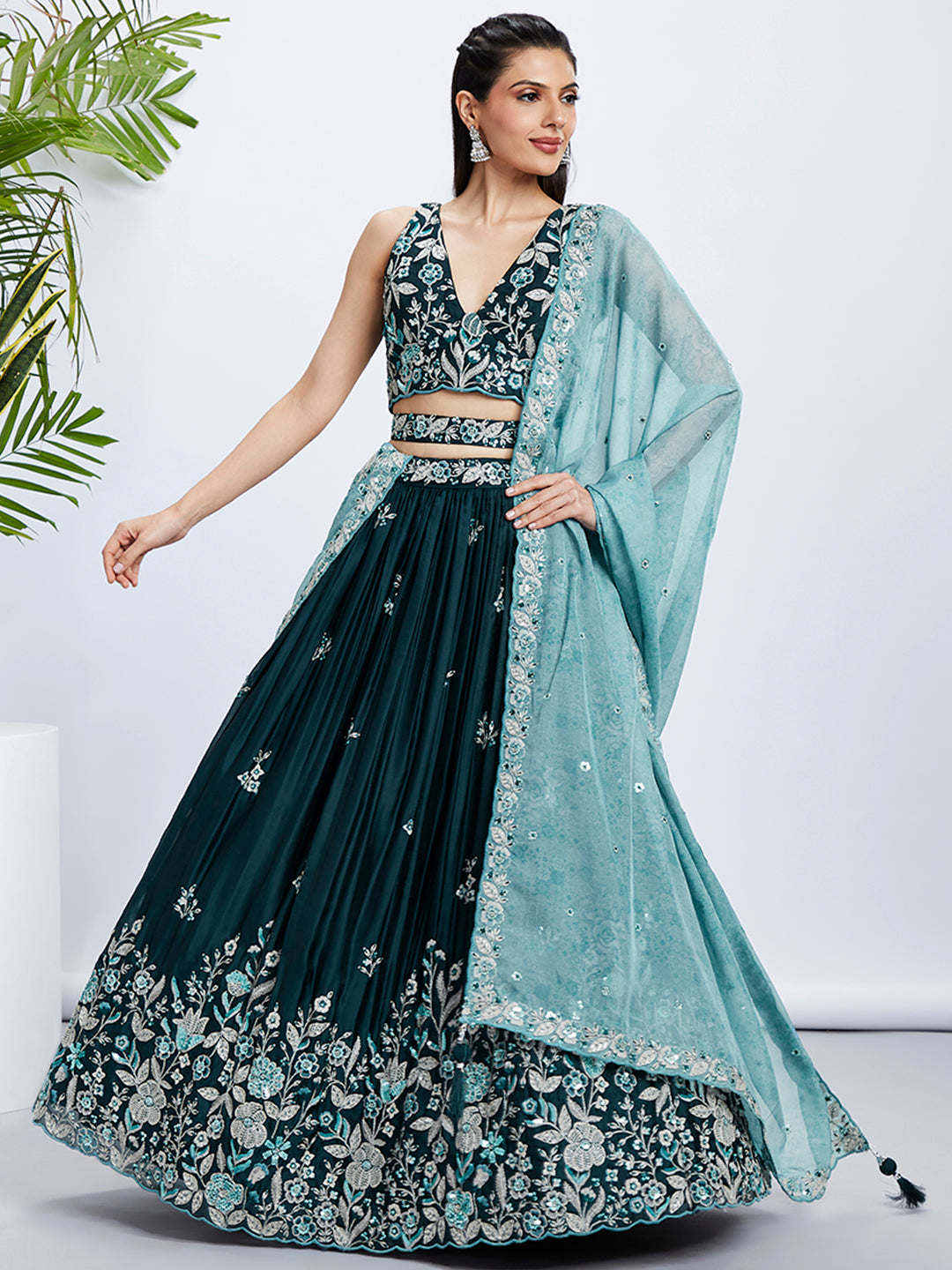 Teal Sequin and Thread Embroidery Lehenga Choli Set with Dupatta