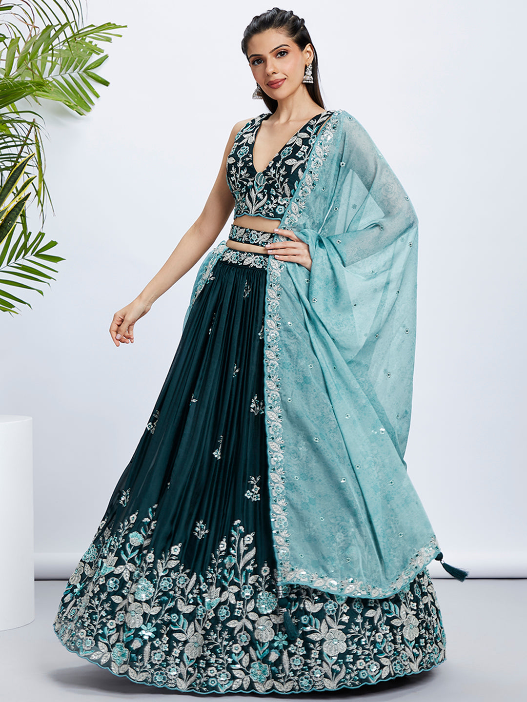 Teal Sequin and Thread Embroidery Lehenga Choli Set with Dupatta