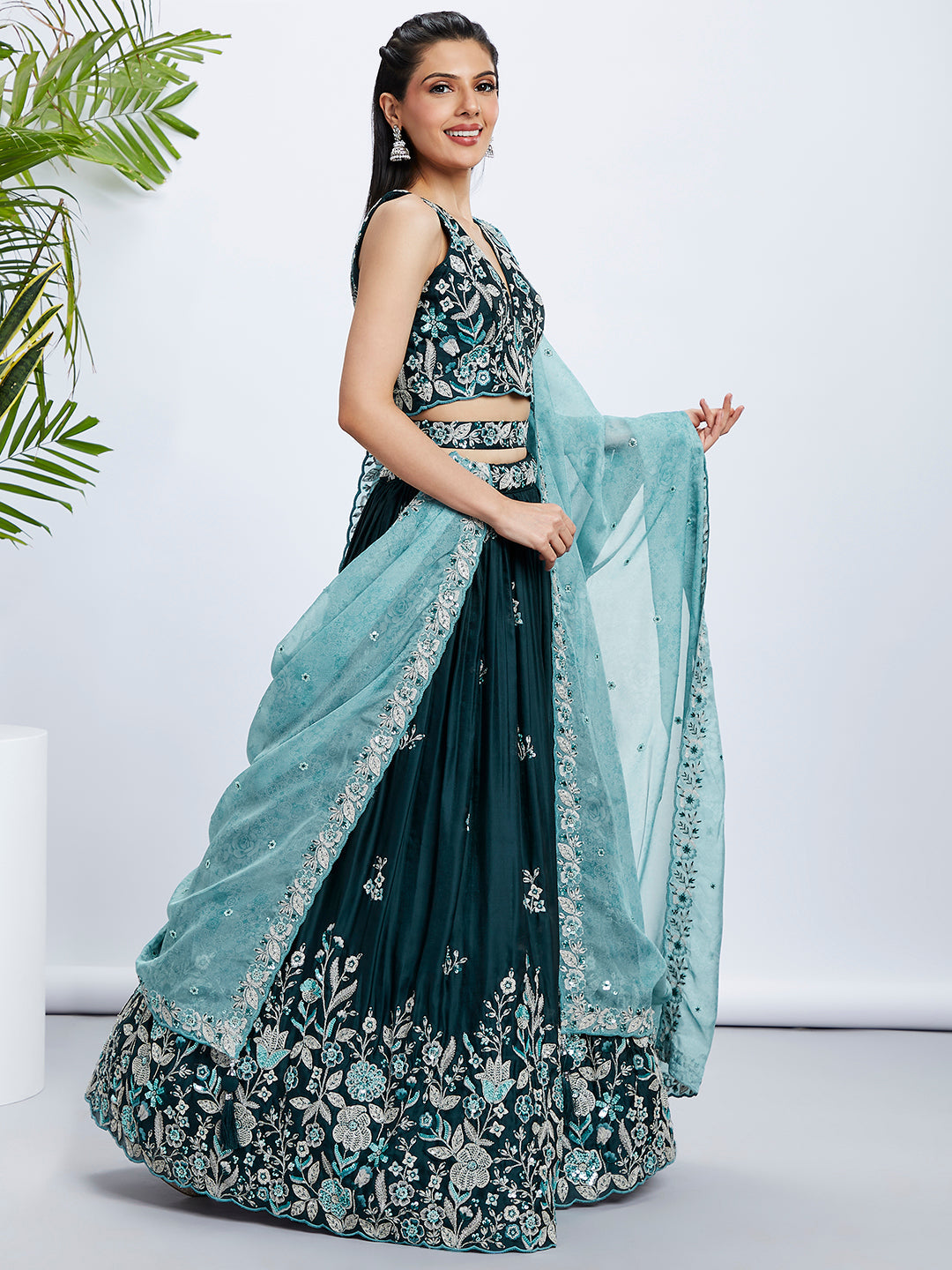 Teal Sequin and Thread Embroidery Lehenga Choli Set with Dupatta