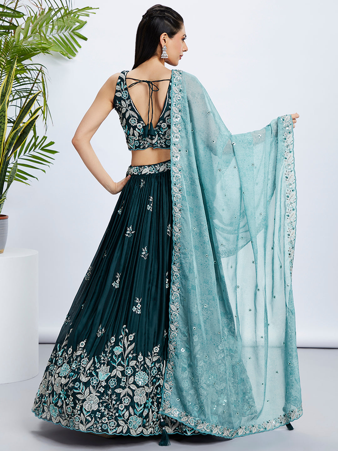 Teal Sequin and Thread Embroidery Lehenga Choli Set with Dupatta