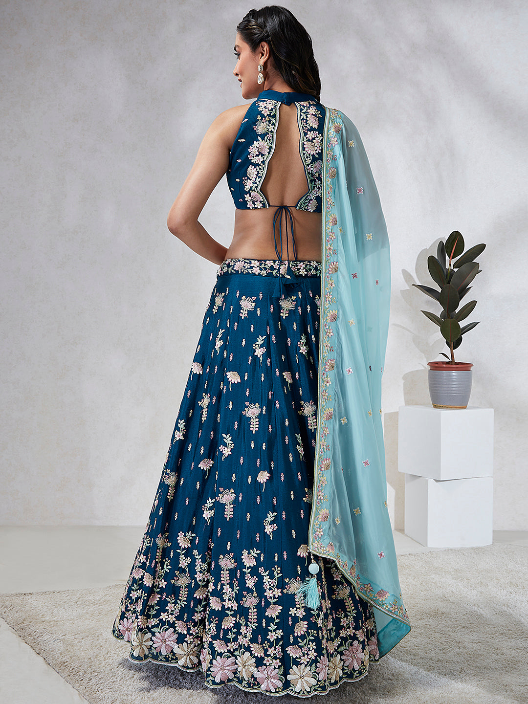Teal Sequinned Lehenga Choli Set - Embroidered Elegance for Special Occasions