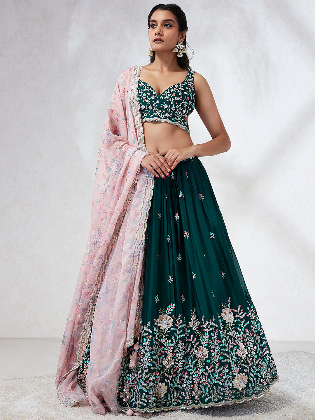 Teal Sequinned Lehenga Choli with Mirror Work and Thread Embroidery