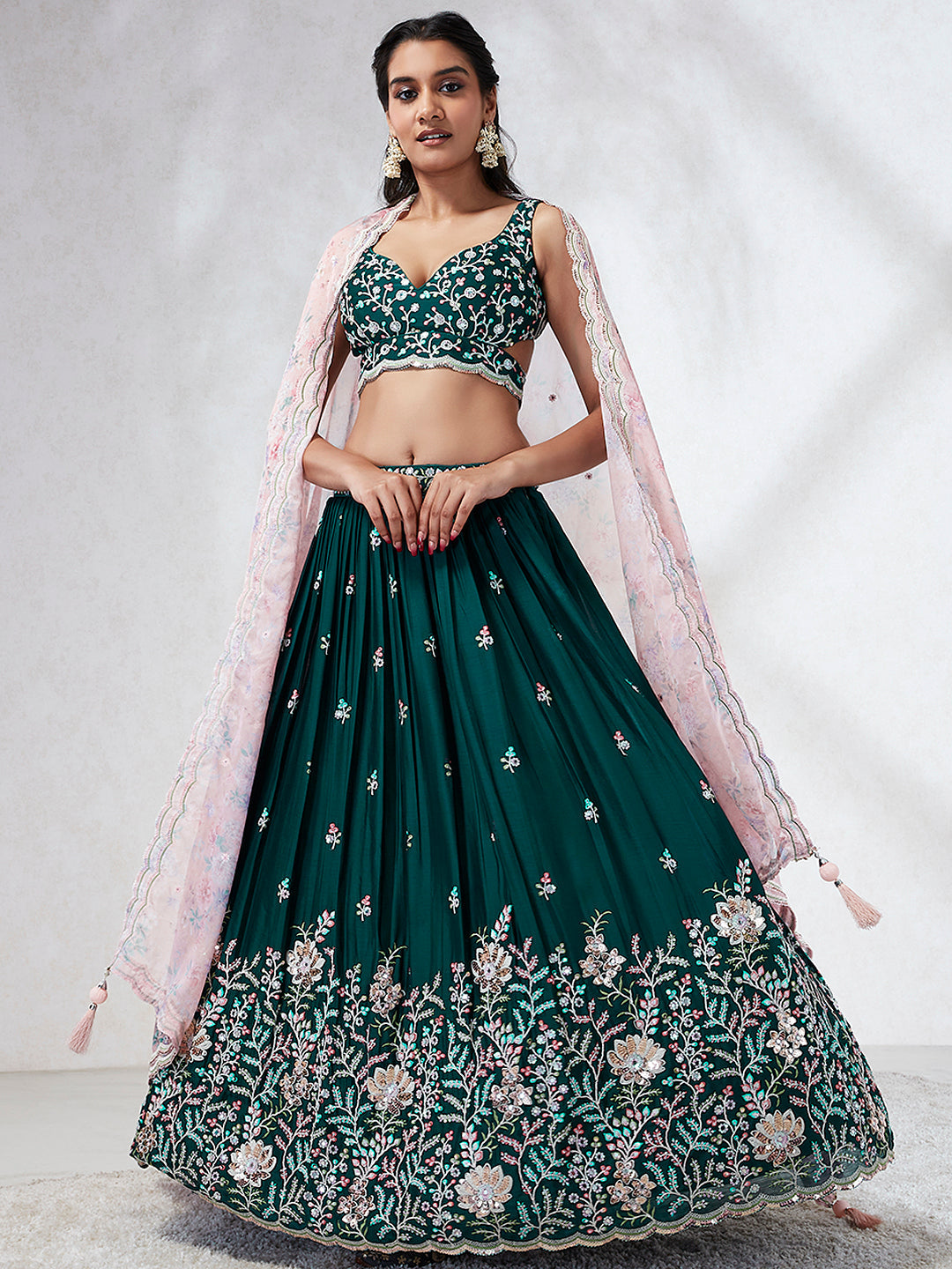 Teal Sequinned Lehenga Choli with Mirror Work and Thread Embroidery