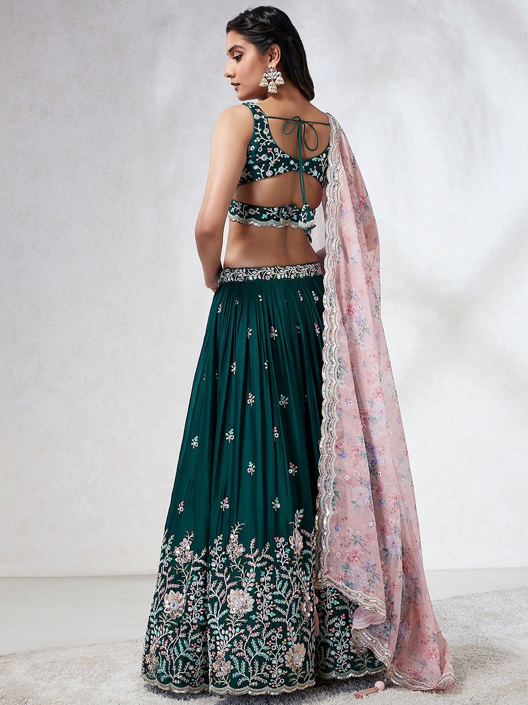 Teal Sequinned Lehenga Choli with Mirror Work and Thread Embroidery