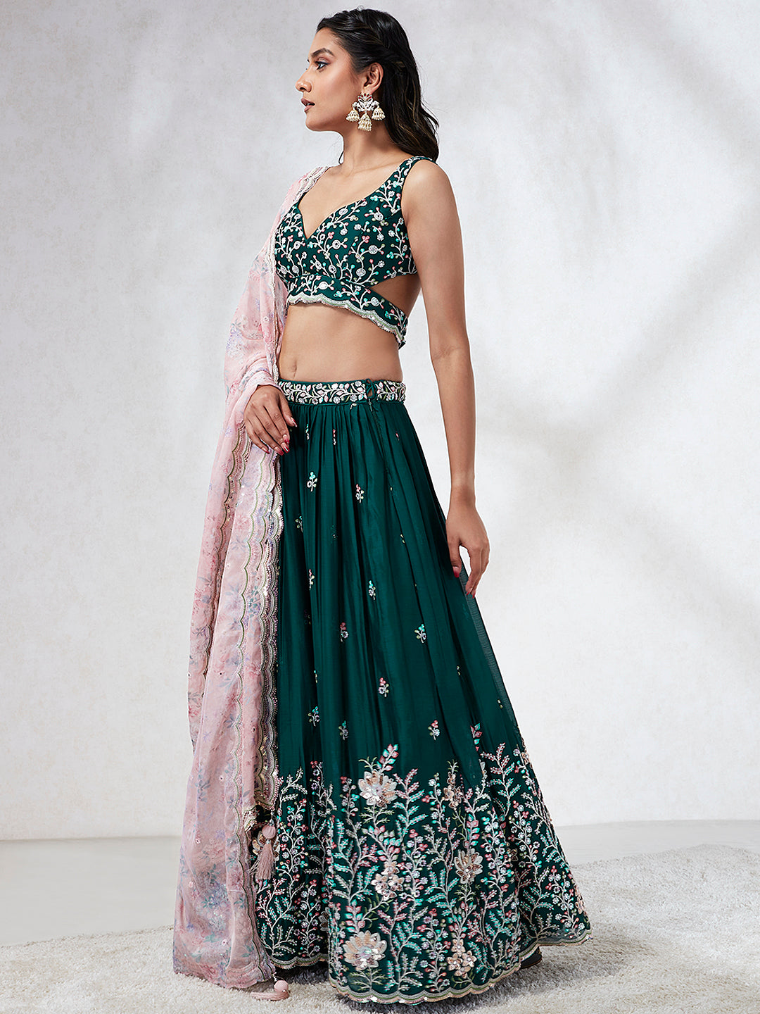 Teal Sequinned Lehenga Choli with Mirror Work and Thread Embroidery