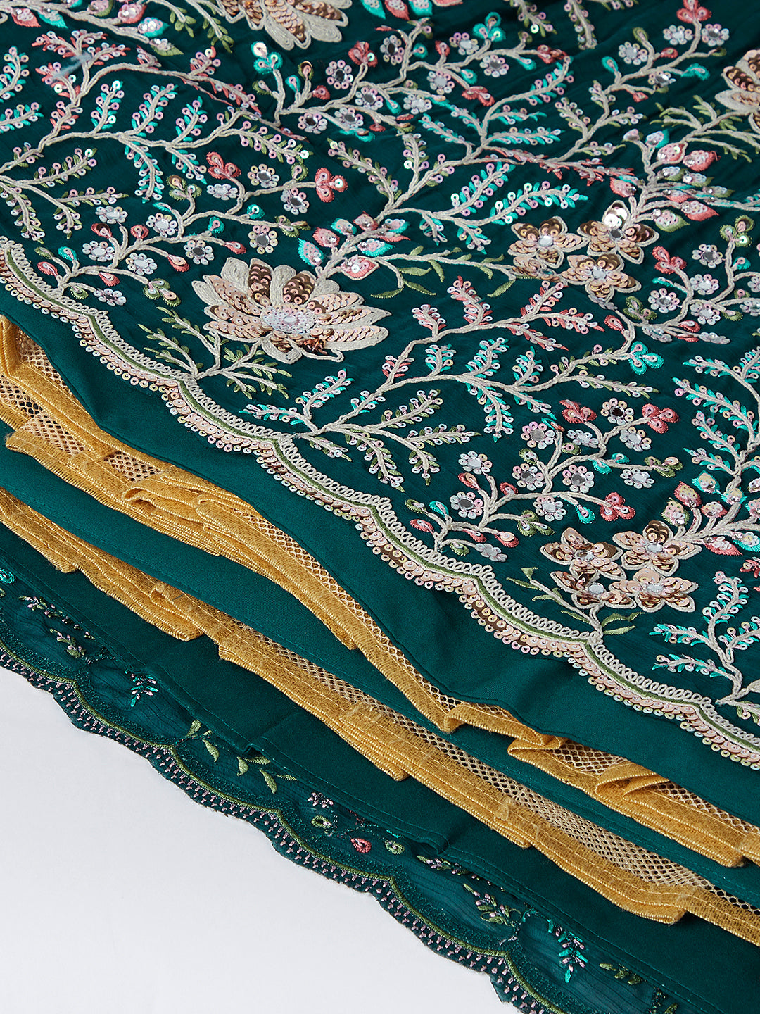 Teal Sequinned Lehenga Choli with Mirror Work and Thread Embroidery