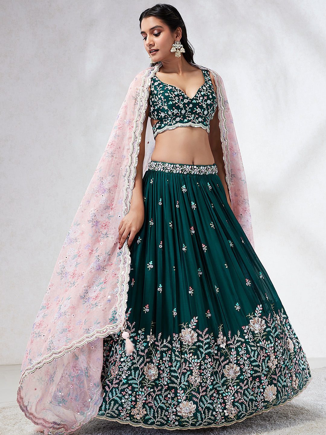 Teal Sequinned Lehenga Choli with Mirror Work and Thread Embroidery