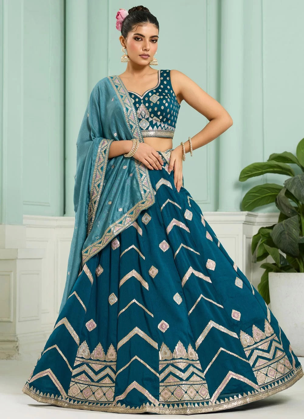 Teal silk bridesmaid wedding lehenga with heavy embroidery
