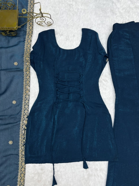 Teal Silk Embroidered Kurta Bell Bottom Set