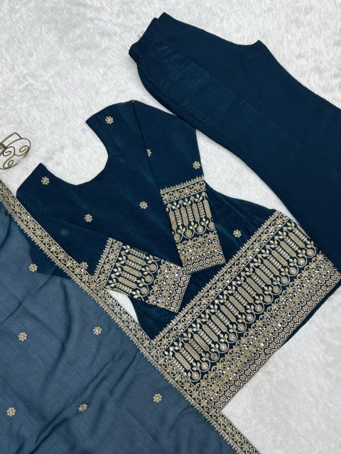 Teal Silk Embroidered Kurta Bell Bottom Set