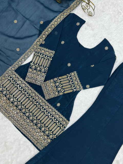Teal Silk Embroidered Kurta Bell Bottom Set