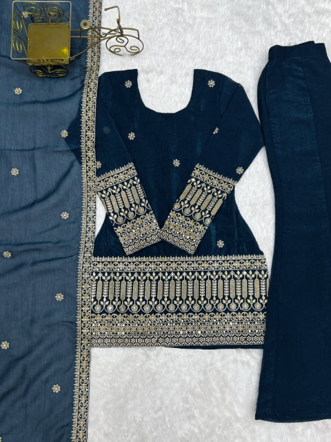 Teal Silk Embroidered Kurta Bell Bottom Set